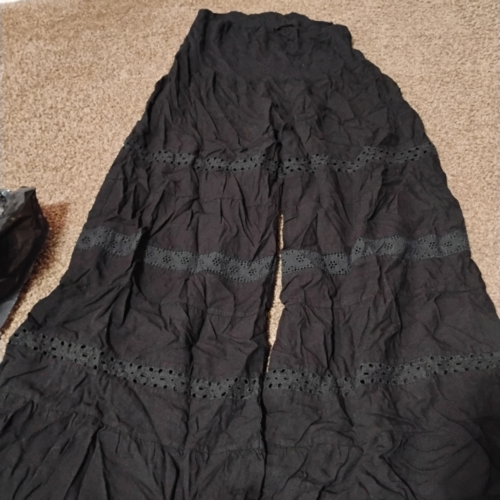 Black Wide-Leg Pants with Lace Detail